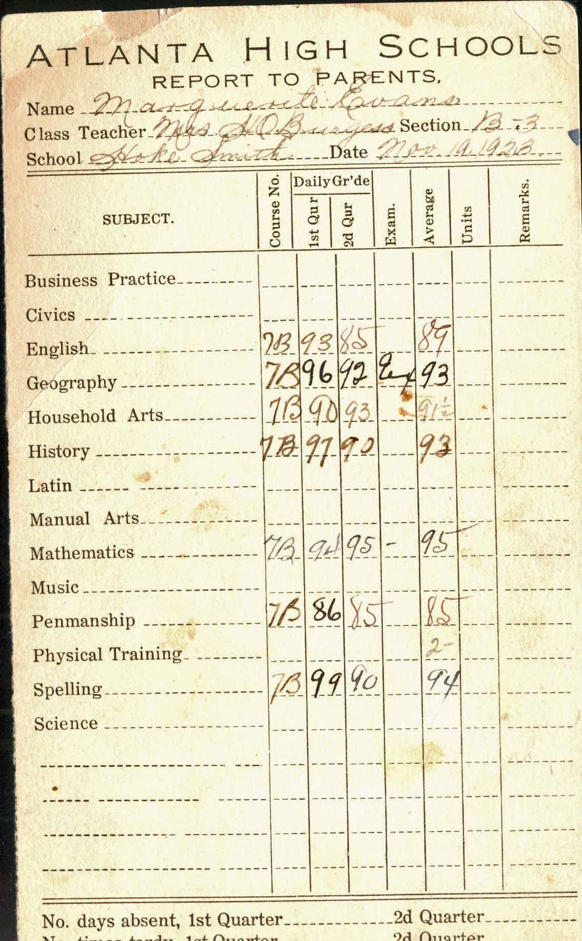 1923 Report Card